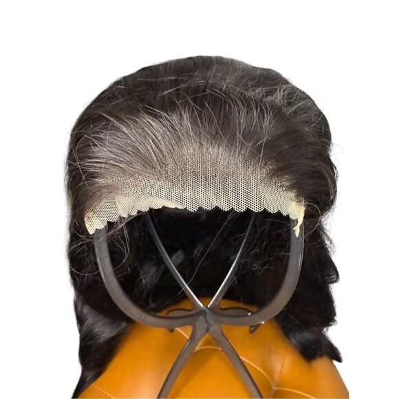 28” Long Human Hair Wig Wavy Front Lace Natural Black Full Glueless - Picture 7 of 10